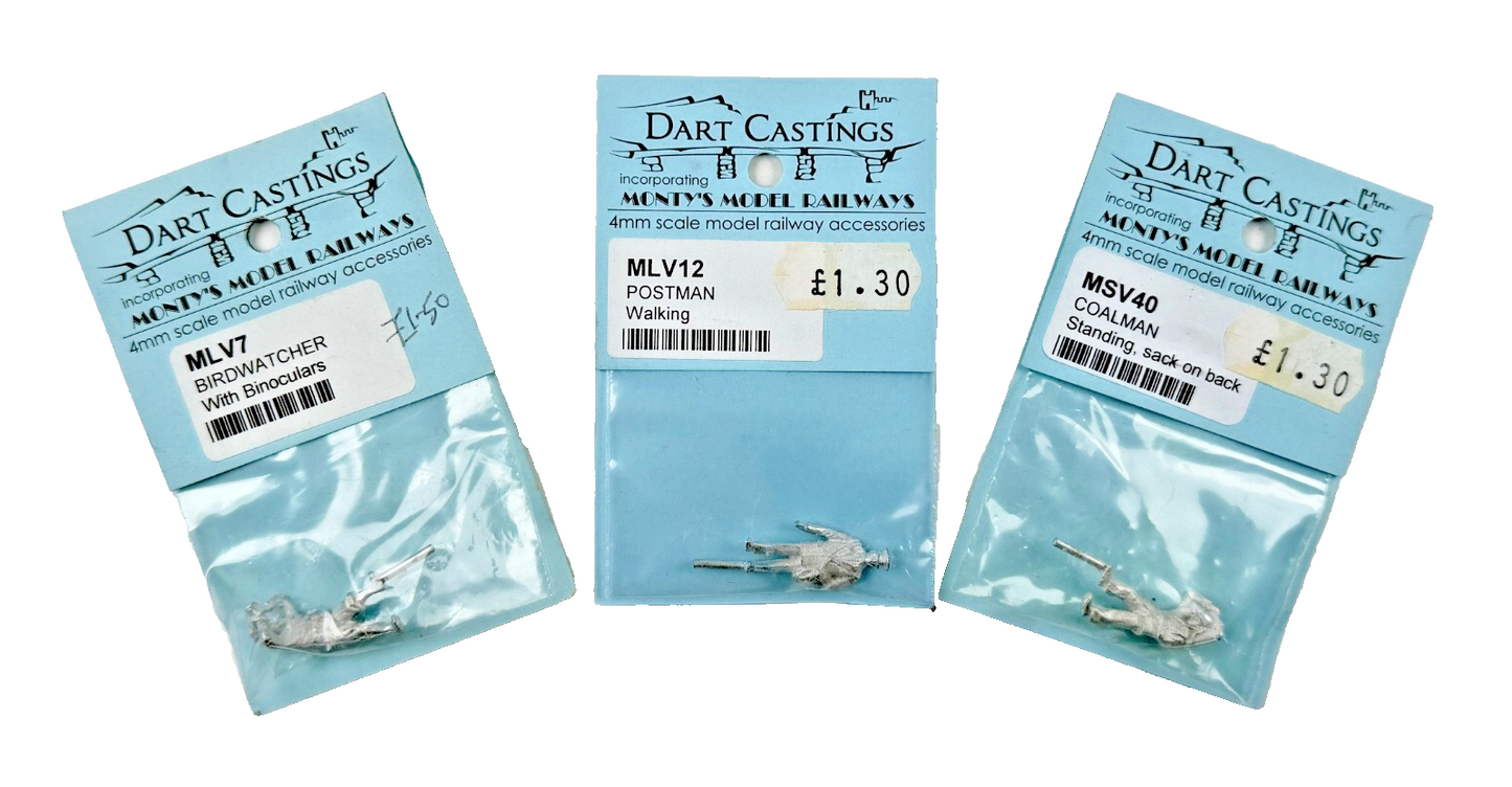 DART CASTINGS 00 GAUGE UNPAINTED METAL POSTMAN BIRDWATCHER COALMAN FIGURES X 3