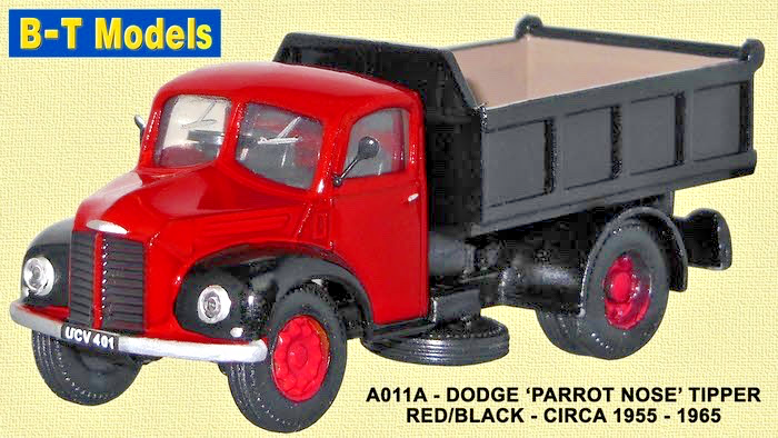 B-T MODELS 1/76 SCALE - A011A - DODGE PARROT NOSE TIPPER RED BLACK 1955-1965