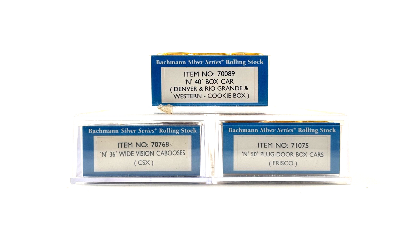 BACHMANN N GAUGE - RIO GRANDE CSX FRISCO BOX CARS & CABOOSE WAGONS X 3 BOXED