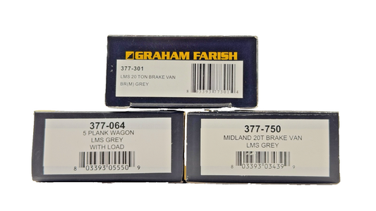 GRAHAM FARISH N GAUGE - 377-301/377-064/377-750 - RAKE OF 3 ASSORTED LMS WAGONS