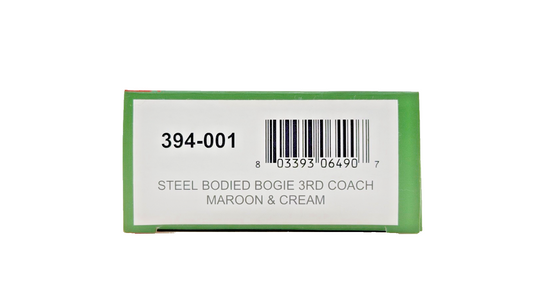 BACHMANN OO9 SCALE - 394-001 - STEEL BODIED BOGIE 3RD COACH MAROON CREAM BOXED