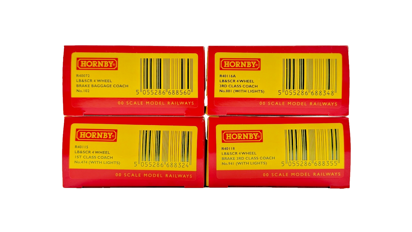 HORNBY OO GAUGE - RAKE OF 4 LB&SCR LONDON BRIGHTON SOUTH COAST 4 WHEEL COACHES