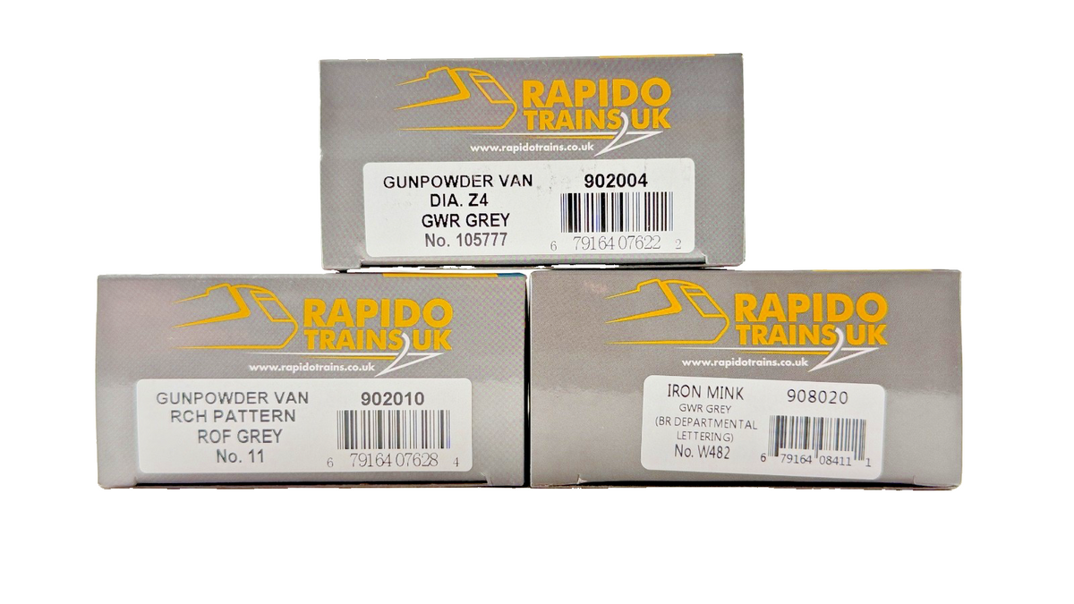 RAPIDO OO GAUGE - 902004/902010/908020 - GUNPOWDER VAN GREY & GW IRON MINK VANS