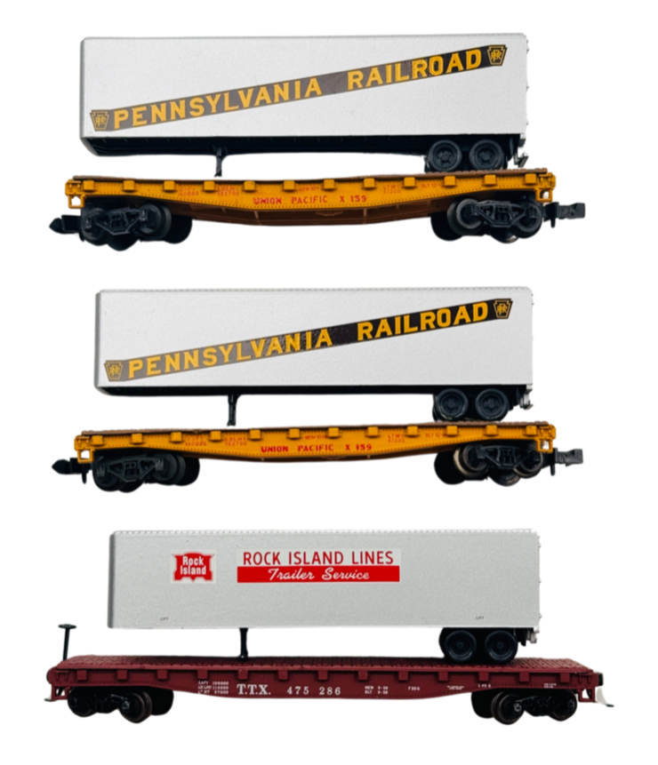 AMERICAN N GAUGE - TRIX/ATLAS 3 X PENNSYLVANIA ROCK ISLAND TRANSPORTERS UNBOXED