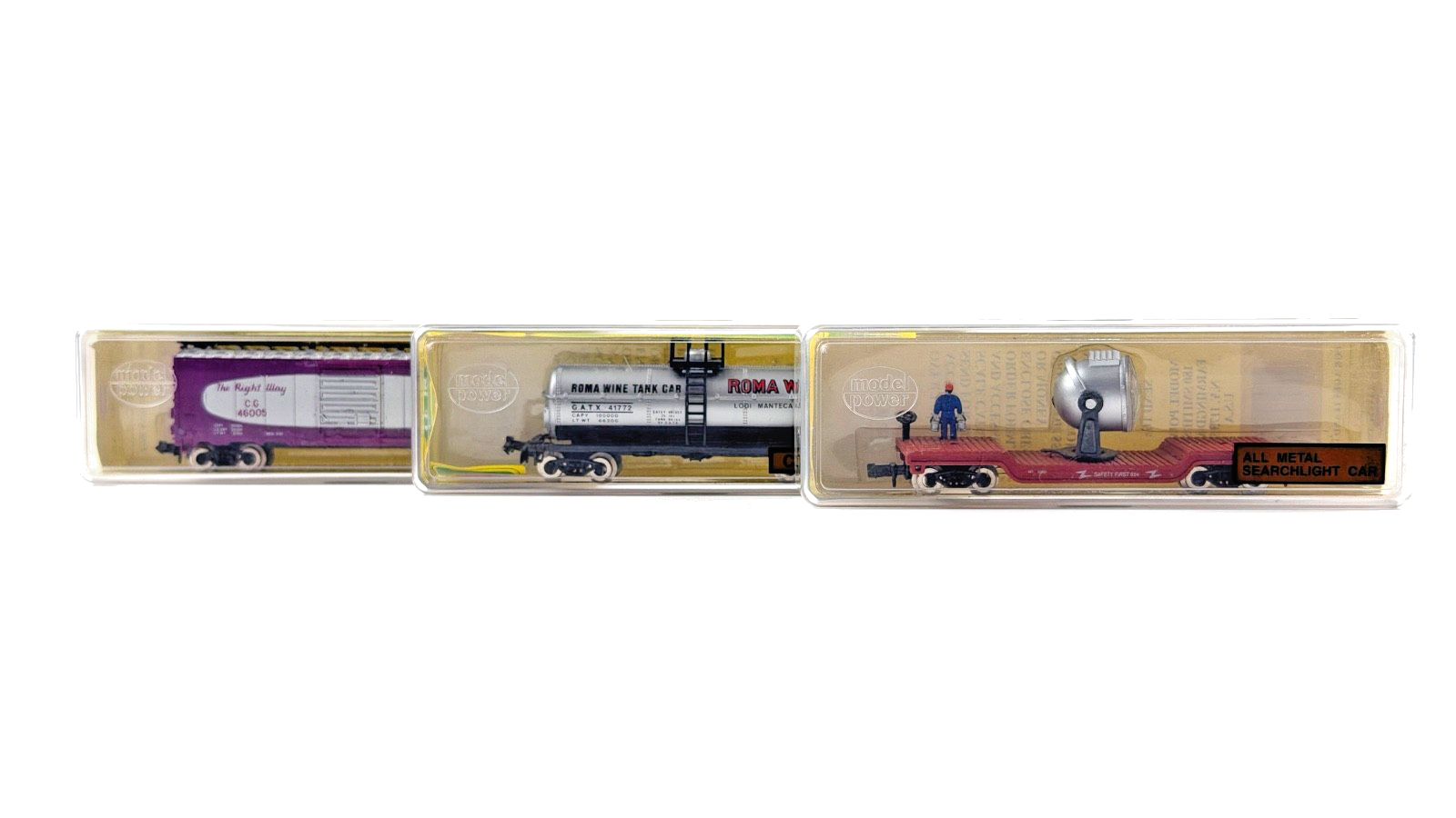 MODEL POWER N GAUGE - METAL SEARCHLIGHT CHEMICAL TANK & BOX CAR WAGONS X 3 BOXED