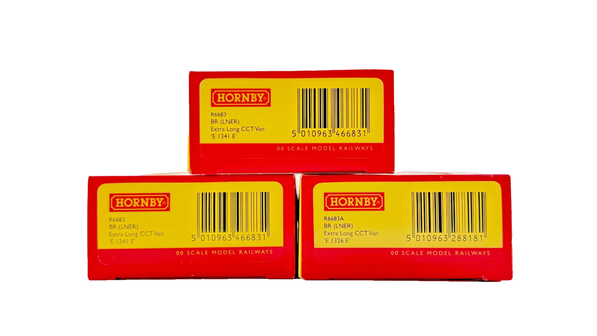 HORNBY OO GAUGE - R6683/R6683A - RAKE OF 3 BR (LNER) EXTRA LONG CCT VANS BOXED