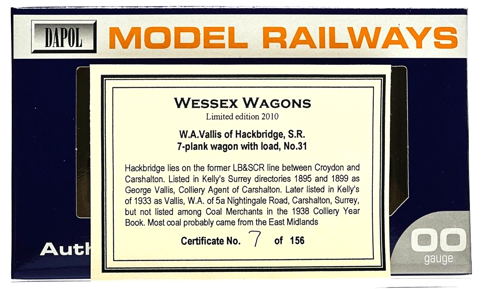 DAPOL 00 GAUGE - W.A VALLIS HACKBRIDGE 7 PLANK WAGON NO.31 LBSCR (WESSEX WAGONS)