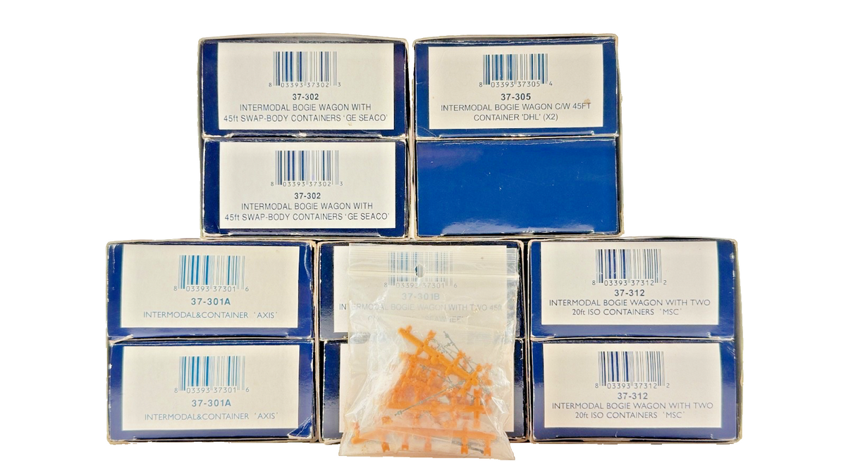 BACHMANN OO GAUGE - RAKE OF 5 INTERMODAL BOGIE TWIN WAGONS WITH CONTAINERS BOXED
