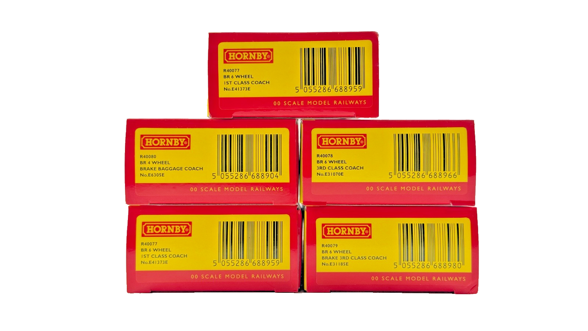 HORNBY OO GAUGE - RAKE OF 5 ASSORTED BR CRIMSON 4 & 6 WHEEL COACHES BOXED