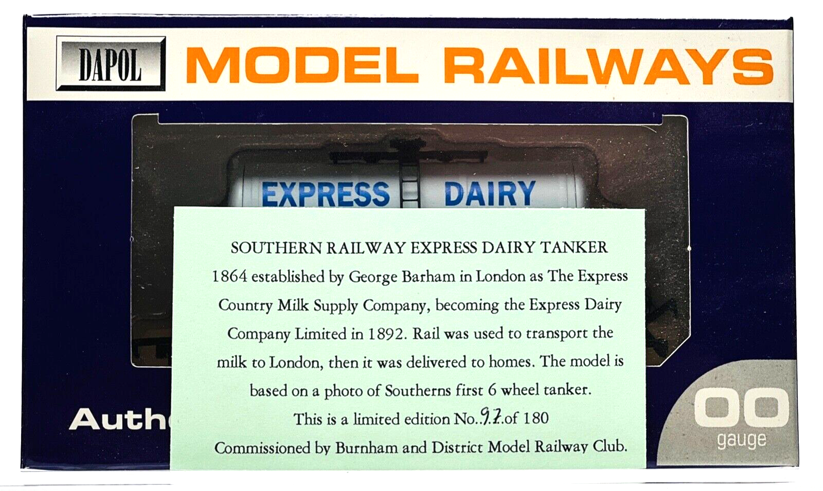 DAPOL 00 GAUGE - SOUTHERN RAILWAY EXPRESS EXPRESS DAIRY TANKER (BURNHAM LTD ED)