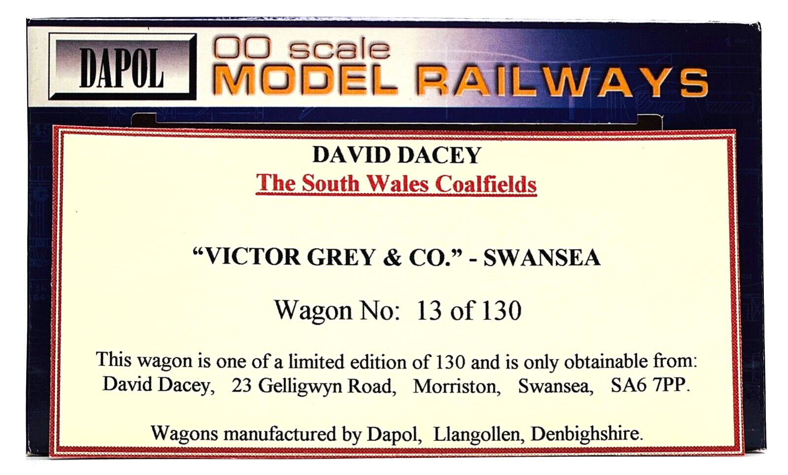 DAPOL 00 GAUGE - 'VICTOR GREY' SOUTH WALES COALFIELDS WAGON (DAVID DACEY LTD ED)