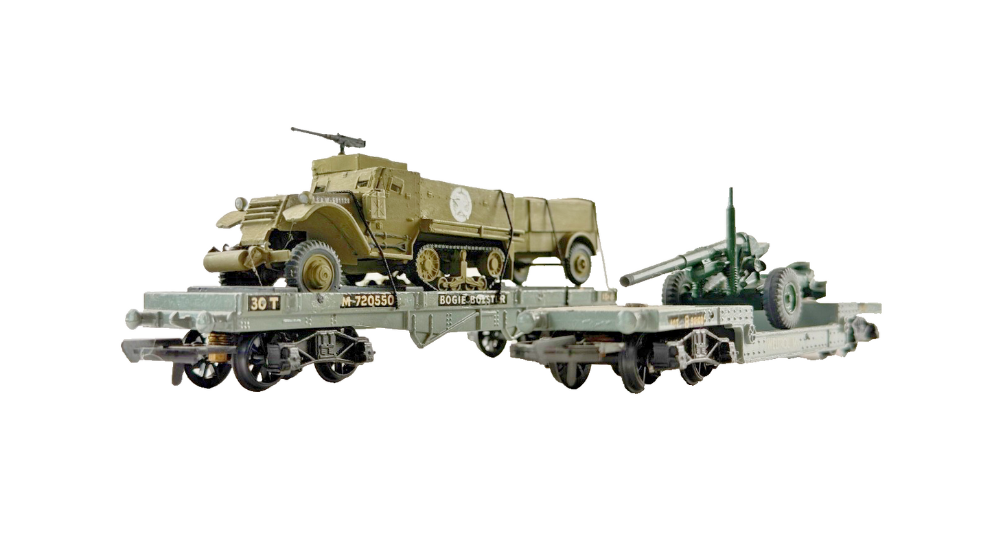 DUBLO OO GAUGE - PAIR OF BR GREY BOLSTER/WELL WAGONS & ARMY MILITARY LOADS