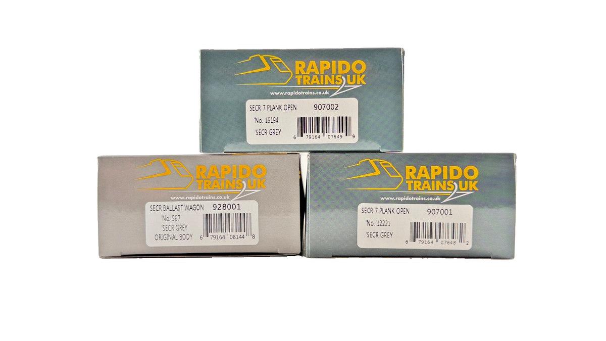RAPIDO OO GAUGE - 907002/928001/907001 - SECR GREY 7 PLANK & BALLAST WAGONS X 3