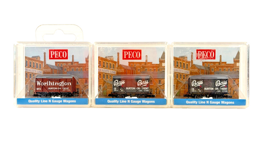 PECO N GAUGE RAKE OF 3 BASS WORTHINGTON BURTON ON TRENT VENT VAN WAGONS - BOXED