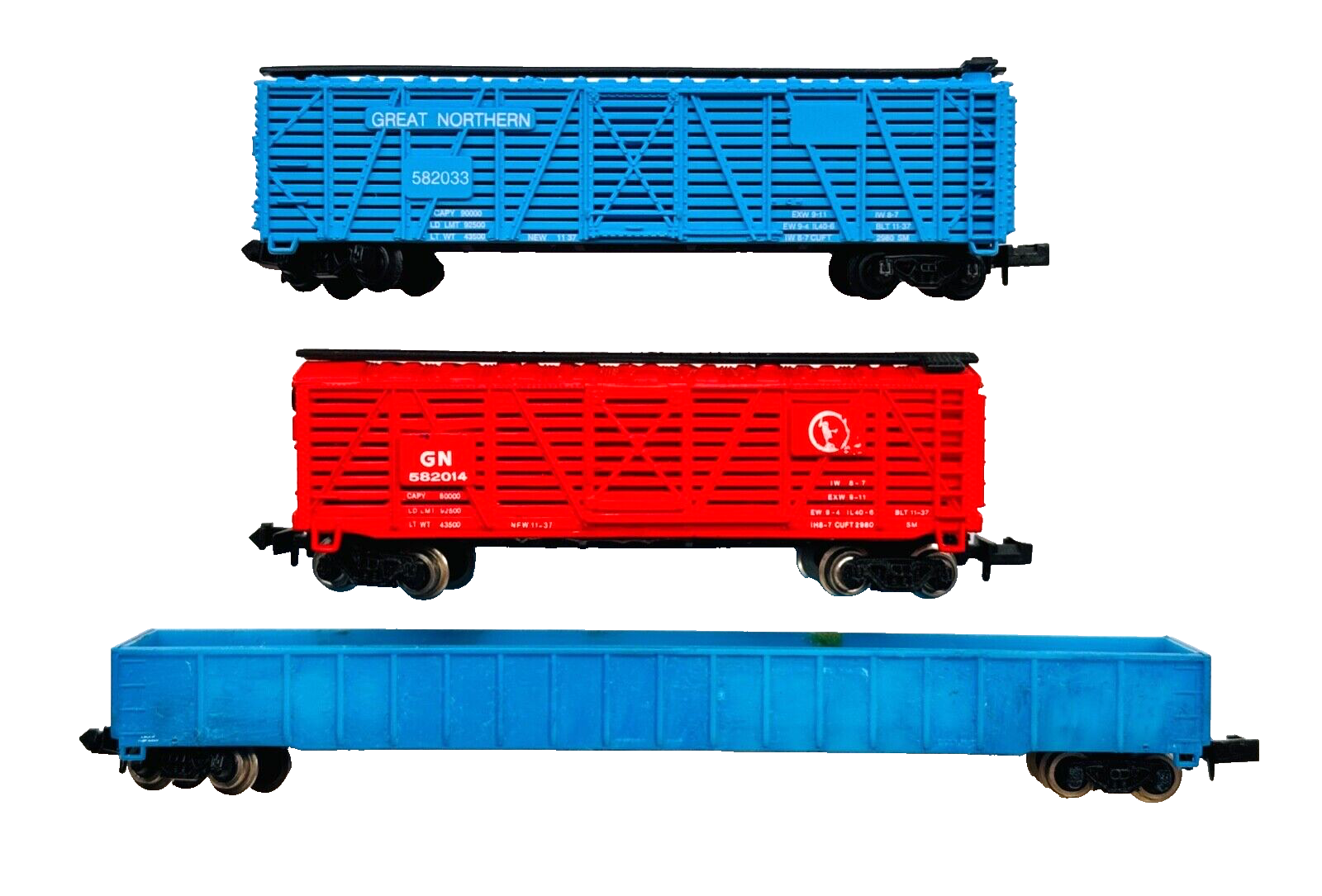 AMERICAN N GAUGE - 3 X WAGONS GREAT NORTHERN CATTLE & BLUE GONDOLA WAGON UNBOXED