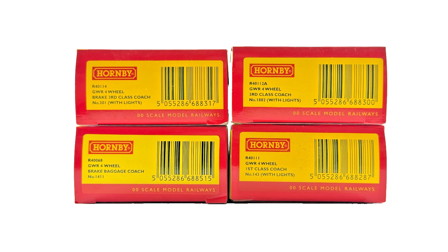HORNBY OO GAUGE - RAKE OF 4 ASSORTED GWR GREAT WESTERN 4 WHEEL COACHES BOXED