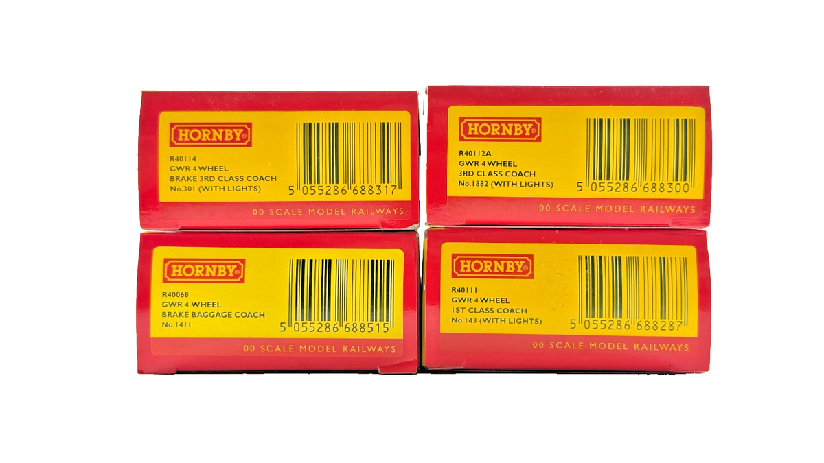 HORNBY OO GAUGE - RAKE OF 4 ASSORTED GWR GREAT WESTERN 4 WHEEL COACHES BOXED