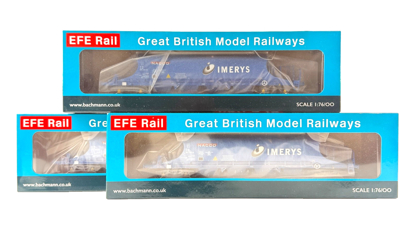 EFE RAIL OO GAUGE - RAKE OF 3 JIA NACCO WAGONS IMERYS BLUE PRISTINE/WEATHERED