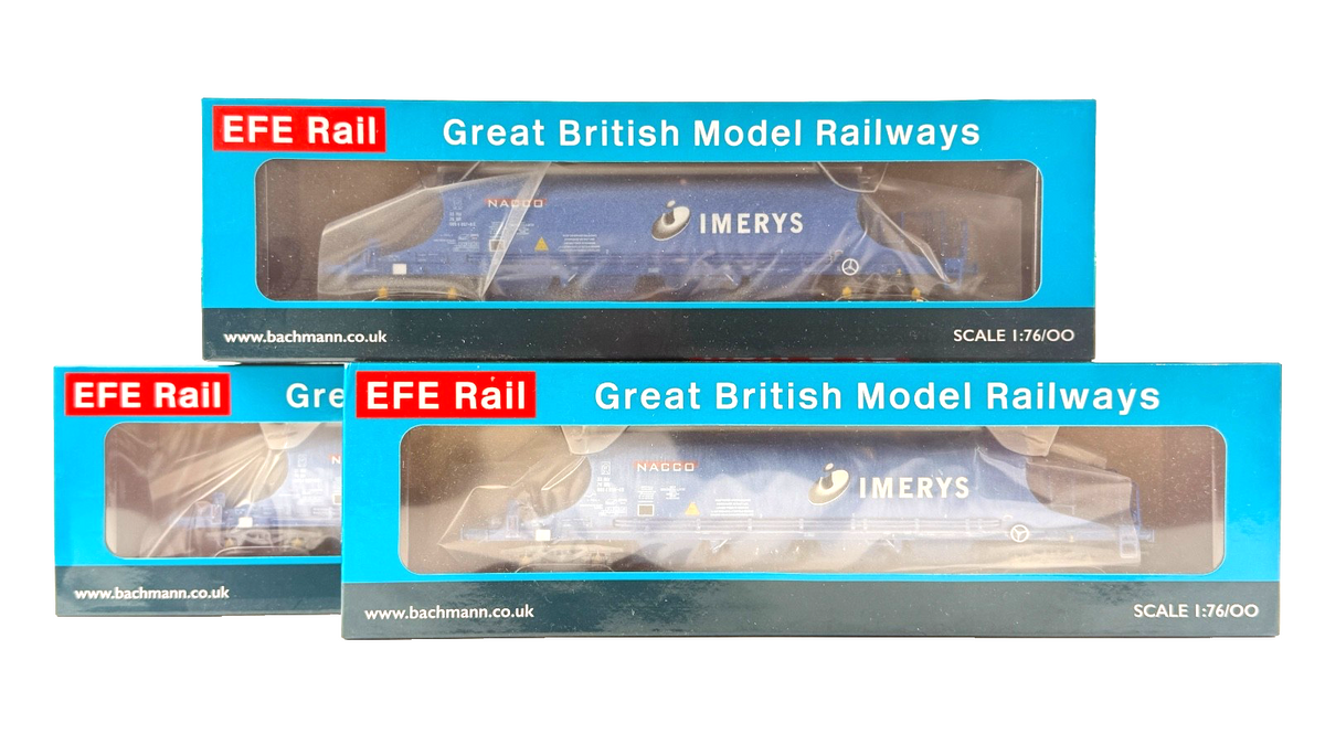 EFE RAIL OO GAUGE - RAKE OF 3 JIA NACCO WAGONS IMERYS BLUE PRISTINE/WEATHERED