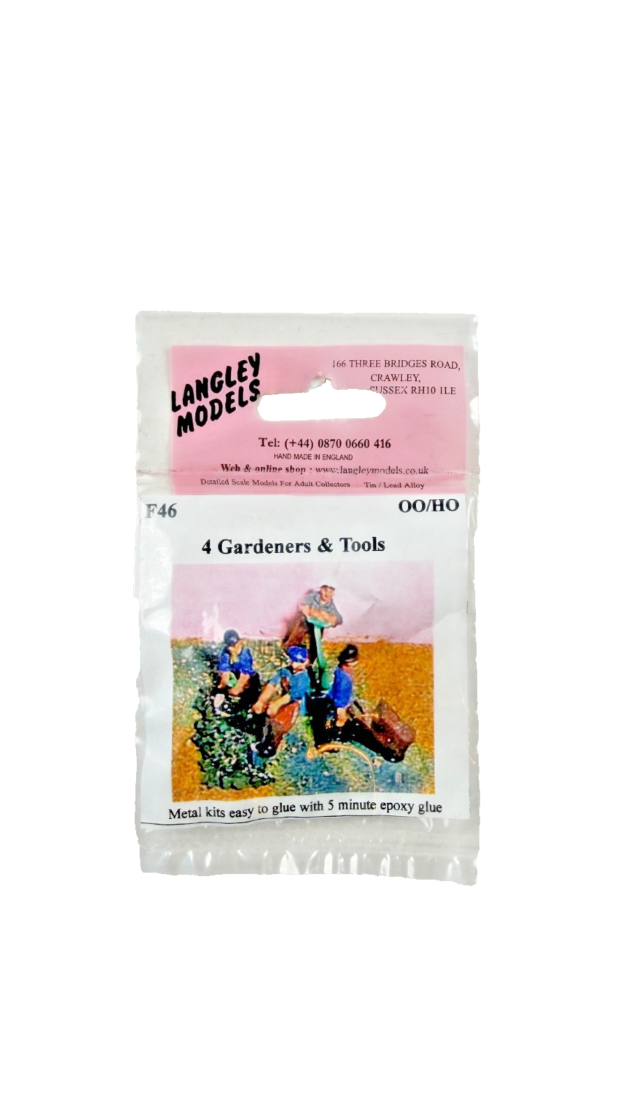 LANGLEY MODELS OO/HO SCALE - F46 - 4 GARDENERS & TOOLS (UNPAINTED METAL)