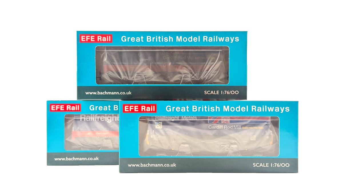 EFE RAIL OO GAUGE - RAKE OF 3 BR SEA WAGONS RAILFREIGHT RED METALS SECTOR & HOOD