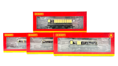 HORNBY OO GAUGE - RAKE OF 4 ASSORTED GWR GREAT WESTERN 4 WHEEL COACHES BOXED