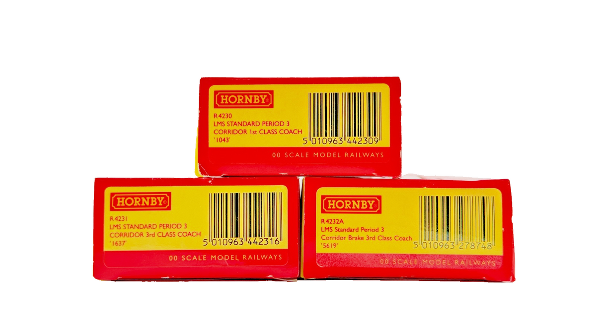 HORNBY OO GAUGE - R4230/R4231/R4232A - LMS STANDARD PERIOD 3 COACHES X 3