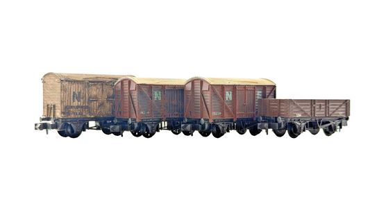 PECO N GAUGE - RAKE OF 4 ASSORTED NE NORTH EASTERN & BR FREIGHT WAGONS UNBOXED