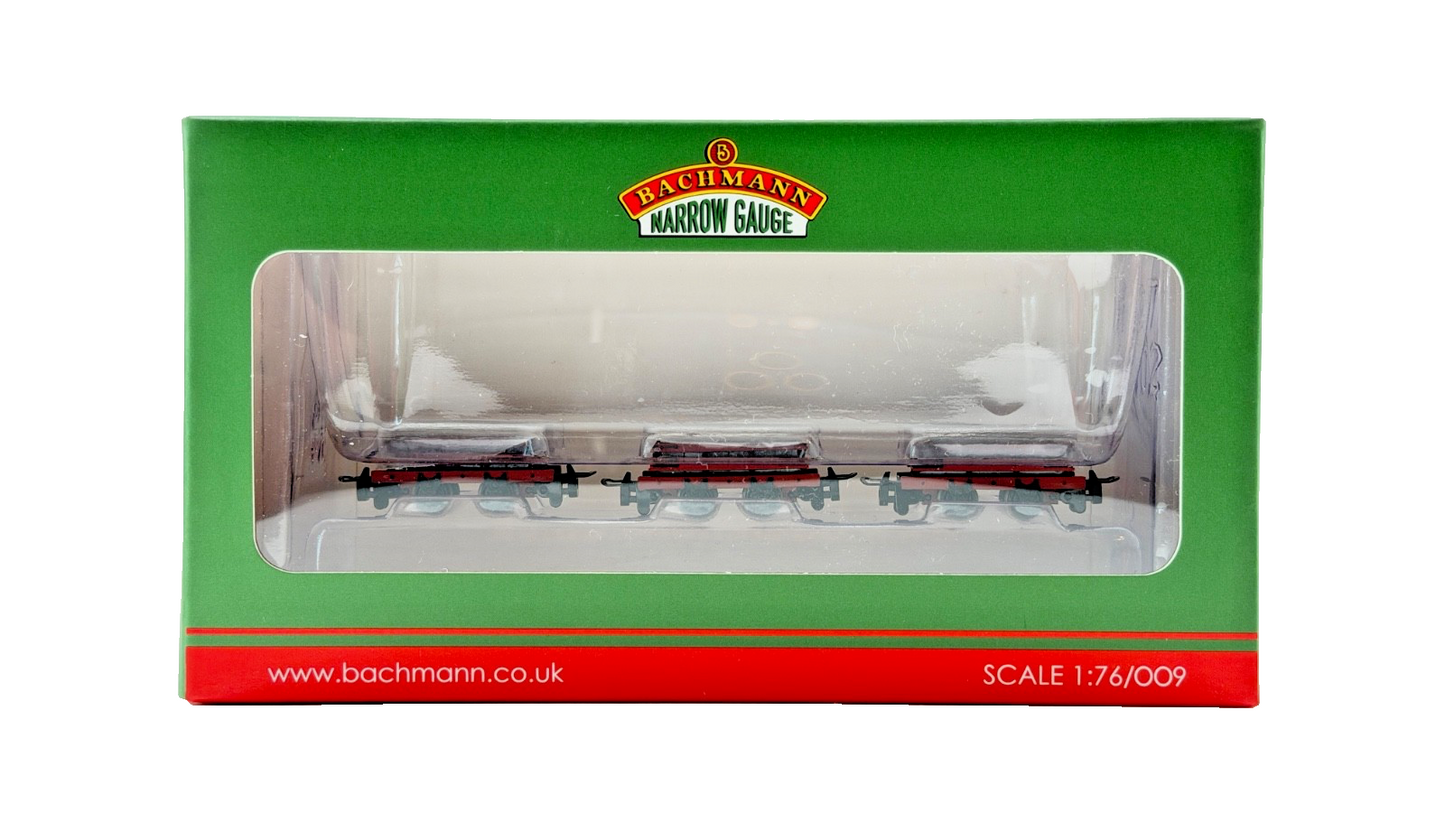 BACHMANN OO9 SCALE - 393-076 - SET OF 4 WHEEL SLATE WAGONS RED WITH LOAD