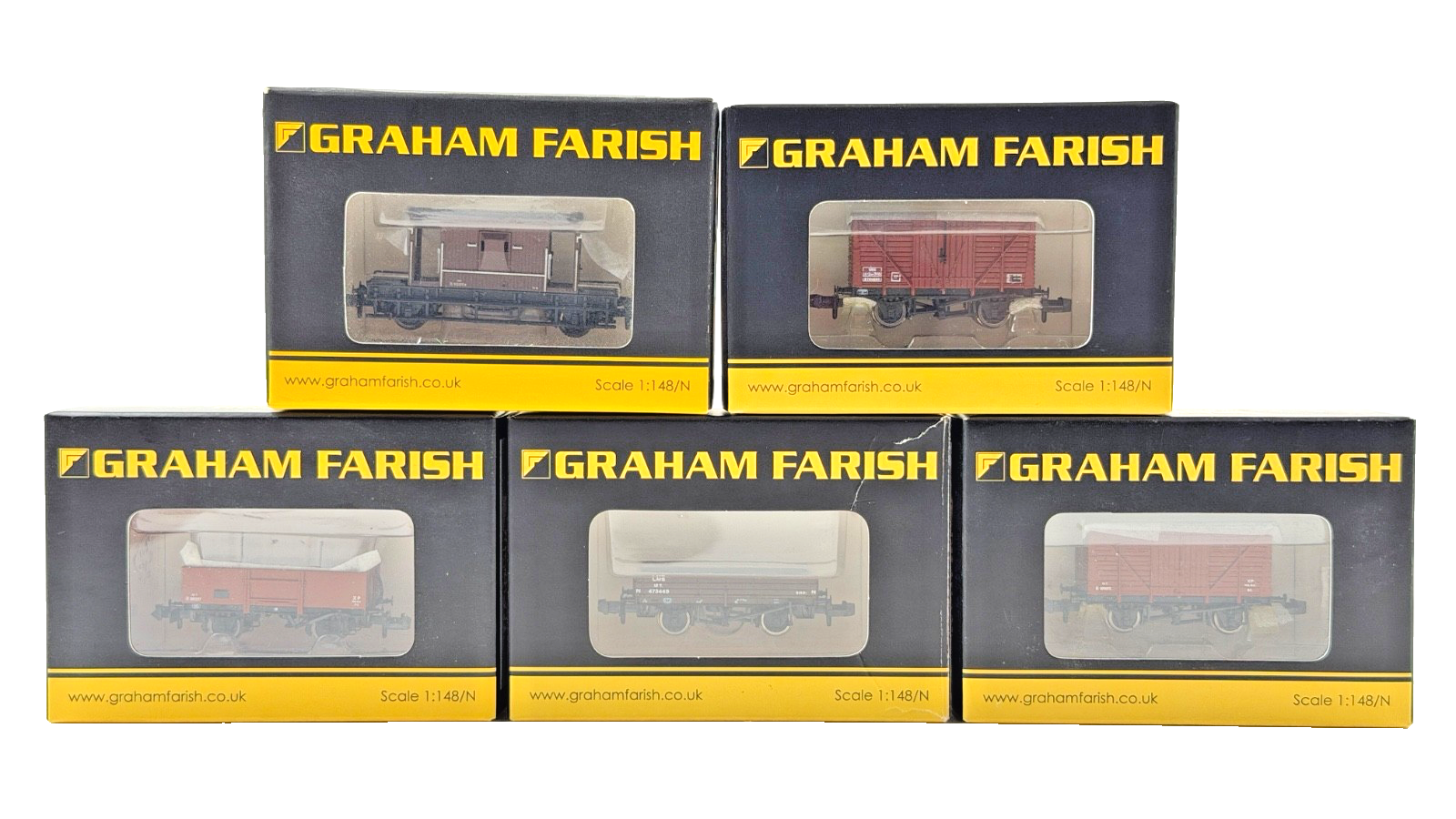 GRAHAM FARISH N GAUGE - MIXED RAKE OF 5 BR/LMS BAUXITE FREIGHT WAGONS INC BRAKE