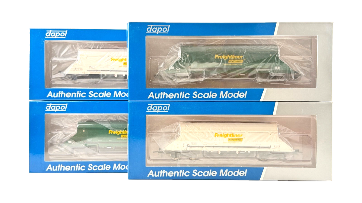 DAPOL OO GAUGE - MIXED RAKE OF 4 FREIGHTLINER HEAVY HAUL WHITE & GREEN HOPPERS