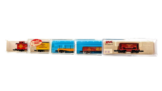 ATLAS/MODEL POWER N GAUGE - RAKE OF 5 ASSORTED FREIGHT WAGONS INC CABOOSE BOXED