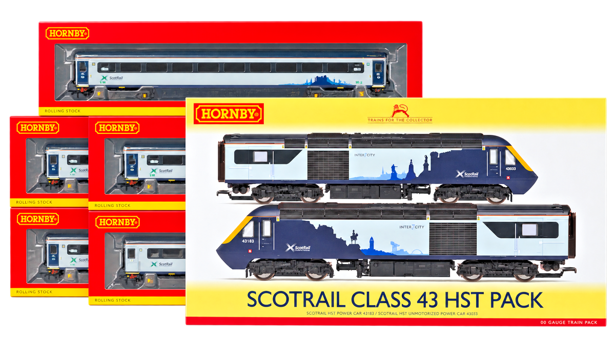 HORNBY OO GAUGE - R3698 - SCOTRAIL CLASS 43 HST TWIN PACK & 5 MK3 COACHES BOXED