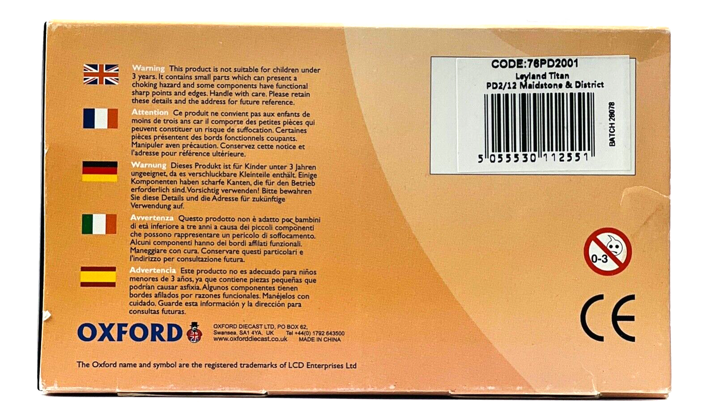 OXFORD DIECAST 1/76TH SCALE - 76PD2001 - LEYLAND TITAN PD2/12 MAIDSTONE DISTRICT