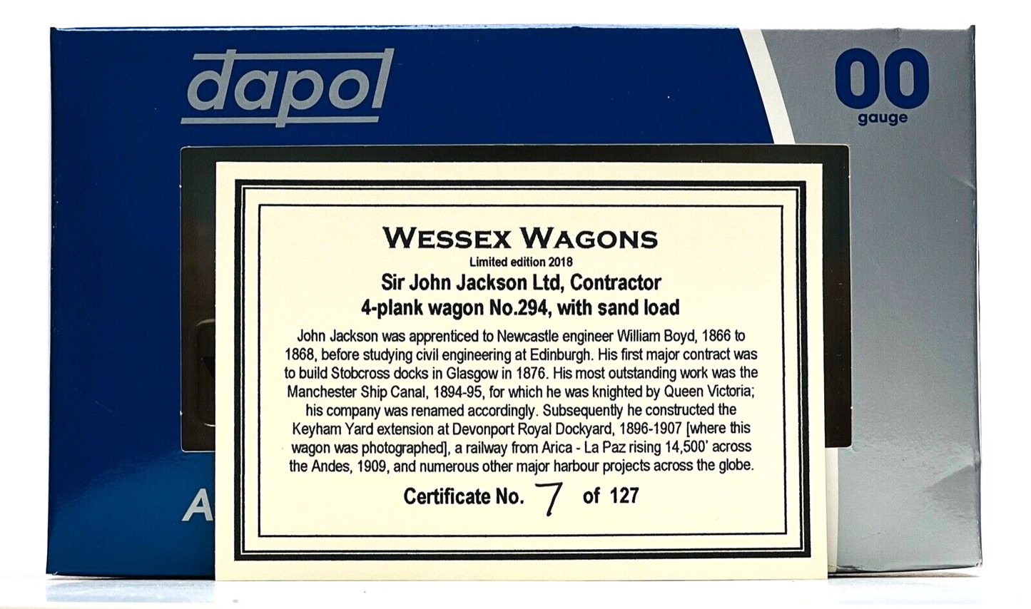 DAPOL 00 GAUGE - SIR JOHN JACKSON CONTRACTOR 4 PLANK 294 (WESSEX WAGONS LTD ED)