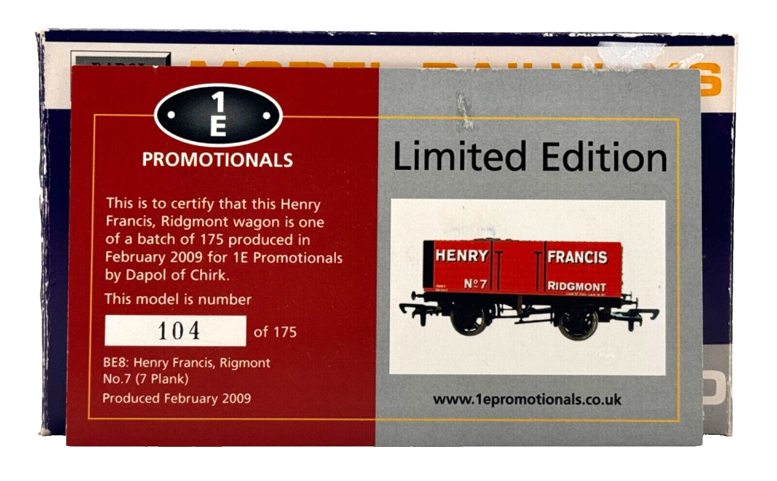 DAPOL 00 GAUGE - HENRY FRANCIS RIDGMONT NO.7 PLANK WAGON (LIMITED EDITION)