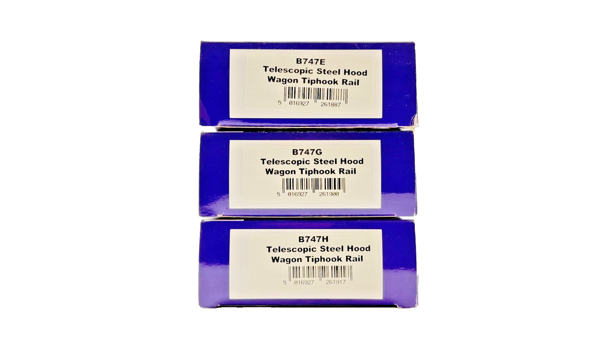 DAPOL OO GAUGE - B747E/G/H - RAKE OF 3 TELESCOPIC STEEL HOOD WAGONS TIPHOOK RAIL
