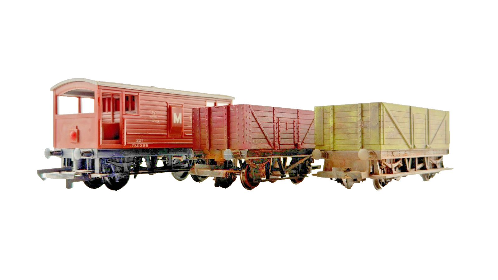 HORNBY/TRIANG OO GAUGE - RAKE OF 3 WAGONS LMS BRAKE AND TWO OPEN WAGONS
