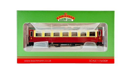 BACHMANN OO9 SCALE - 394-001 - STEEL BODIED BOGIE 3RD COACH MAROON CREAM BOXED