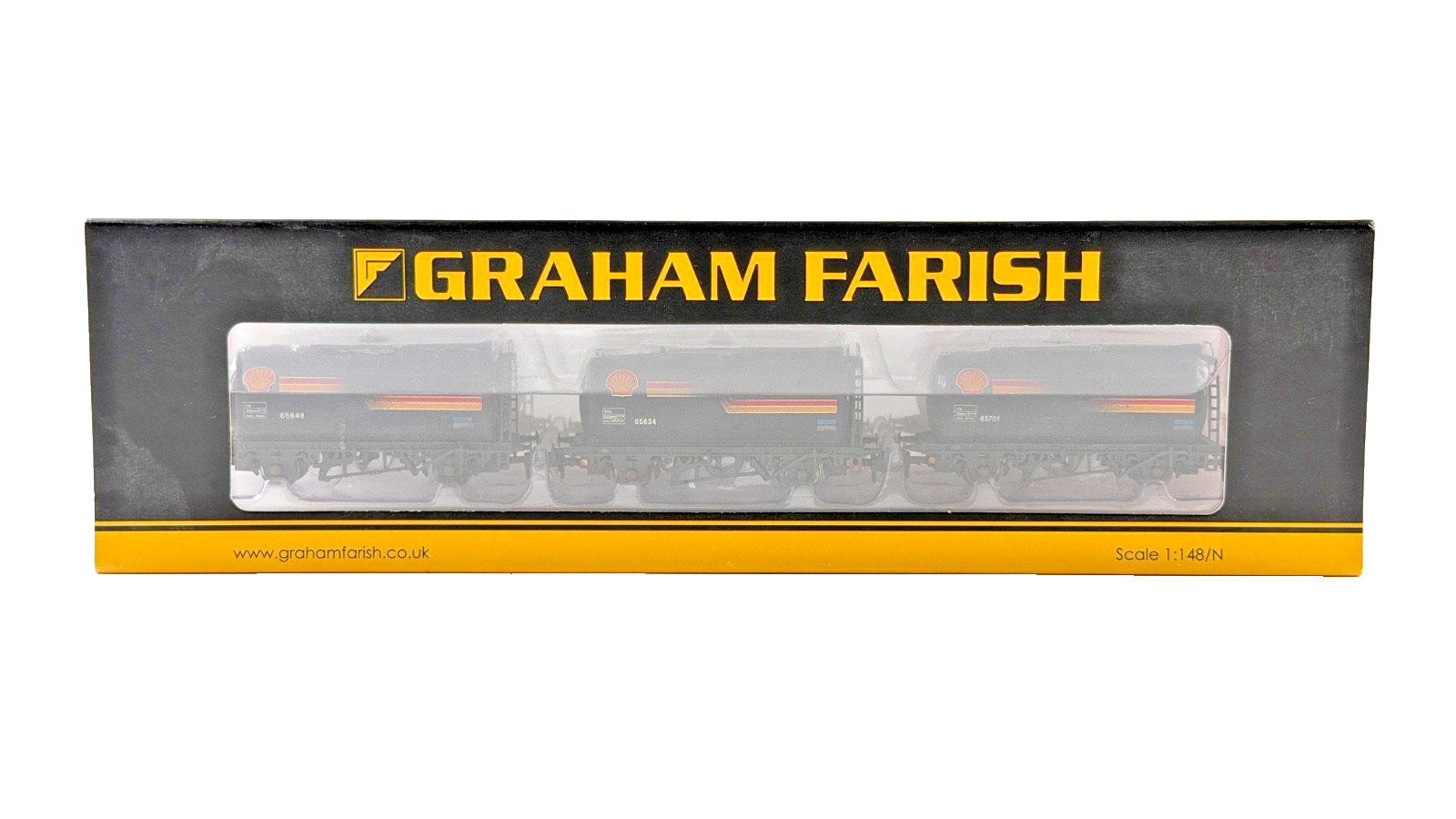 GRAHAM FARISH N GAUGE - 373-785 - SET OF TTA TANK WAGONS SHELL BLACK (WEATHERED)