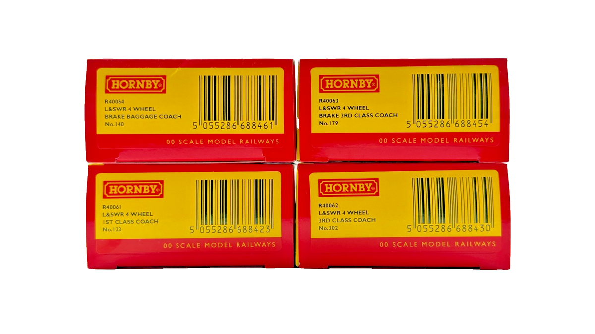 HORNBY OO GAUGE - RAKE OF 4 ASSORTED L&SWR SOUTH WESTERN 4 WHEEL COACHES BOXED