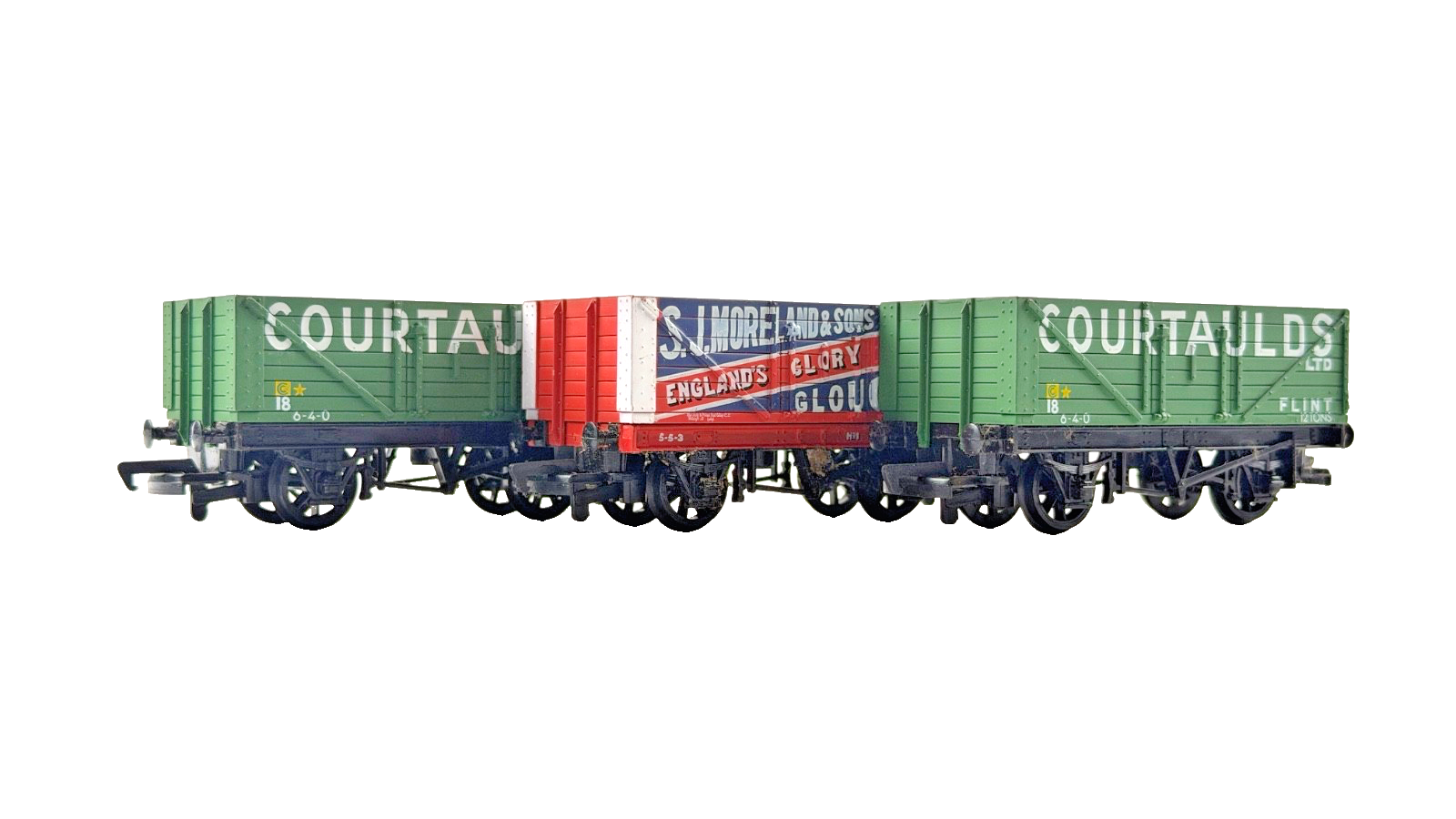 MAINLINE OO GAUGE - RAKE OF 3 S.J MORELAND & COURTALDS FLINT WAGONS UNBOXED