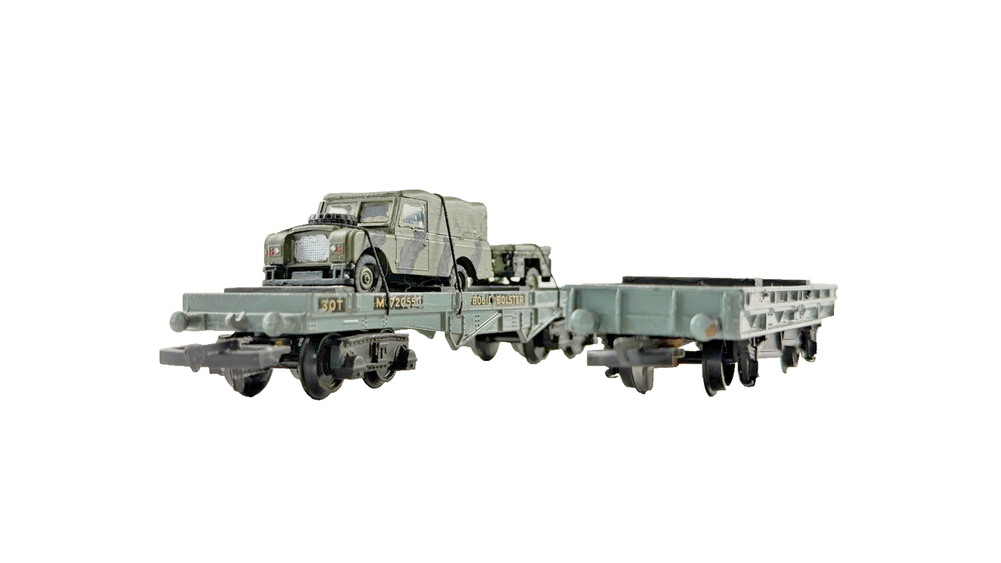 DUBLO OO GAUGE - PAIR OF BR GREY BOLSTER WAGONS & ARMY MILITARY VEHICLE LOAD