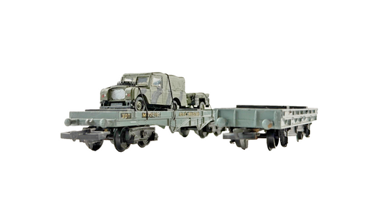 DUBLO OO GAUGE - PAIR OF BR GREY BOLSTER WAGONS & ARMY MILITARY VEHICLE LOAD