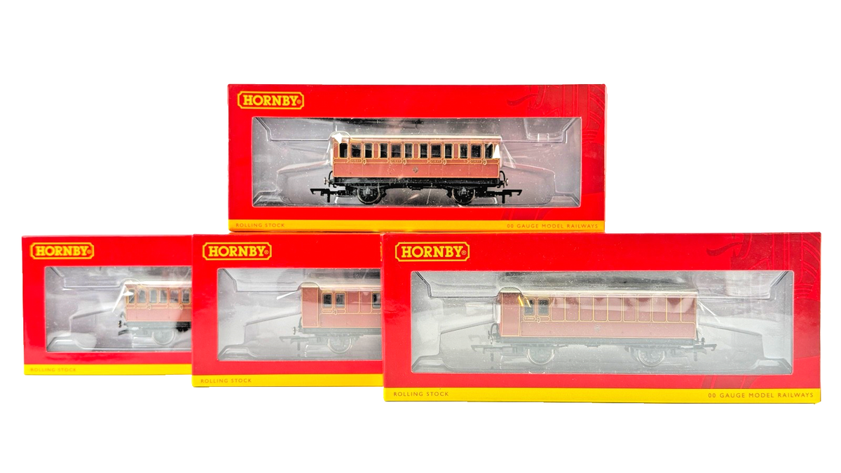 HORNBY OO GAUGE - RAKE OF 4 LB&SCR LONDON BRIGHTON SOUTH COAST 4 WHEEL COACHES