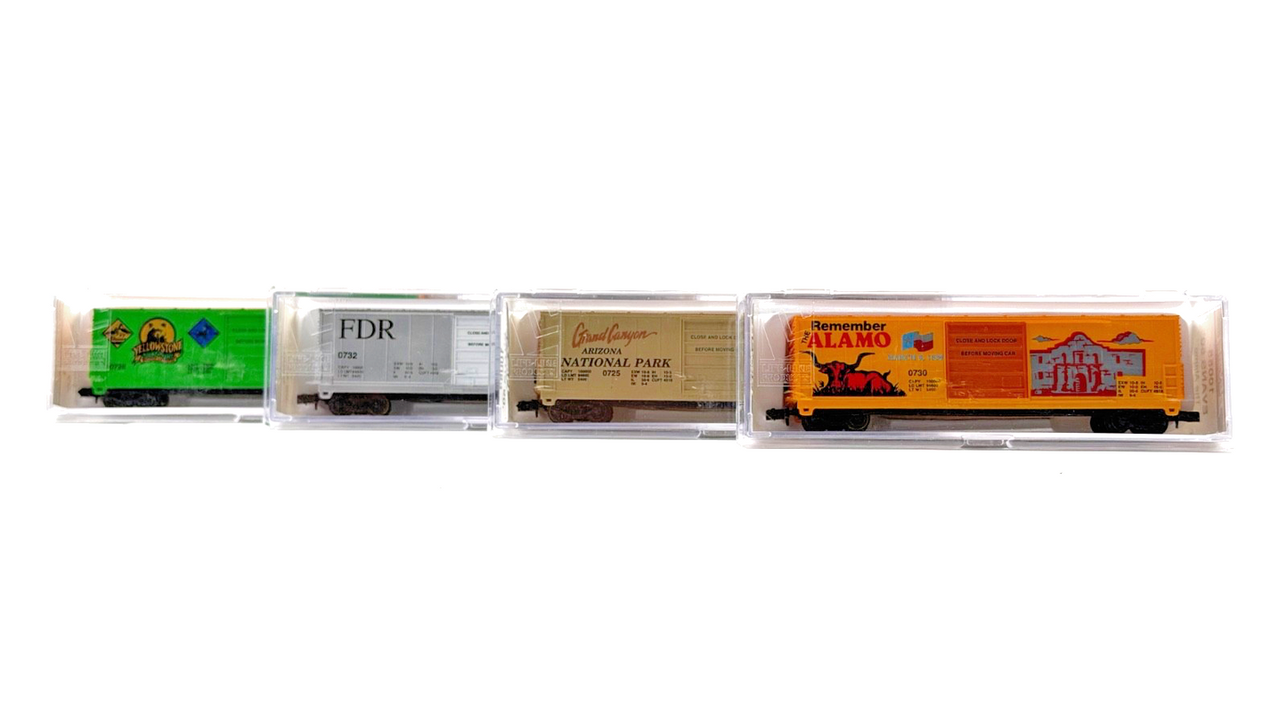 LIFE LIKE N GAUGE - RAKE OF 4 ASSORTED 50' BOX CAR NATIONAL PARK WAGONS BOXED