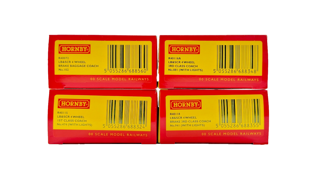 HORNBY OO GAUGE - RAKE OF 4 LB&SCR LONDON BRIGHTON SOUTH COAST 4 WHEEL COACHES