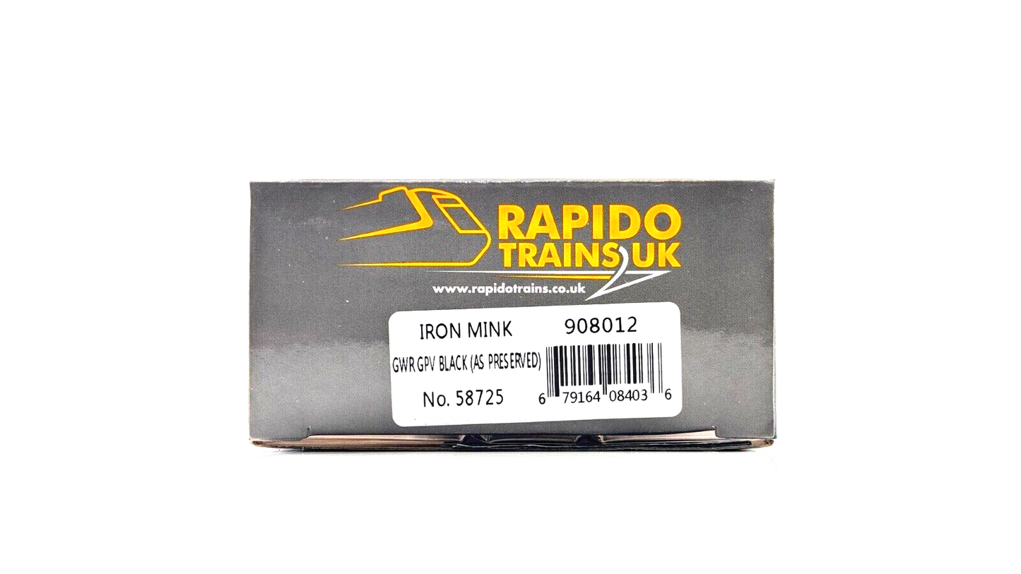 RAPIDO 00 GAUGE - 908012 - IRON MINK GWR GPV BLACK (AS PRESERVED) 58725 - BOXED