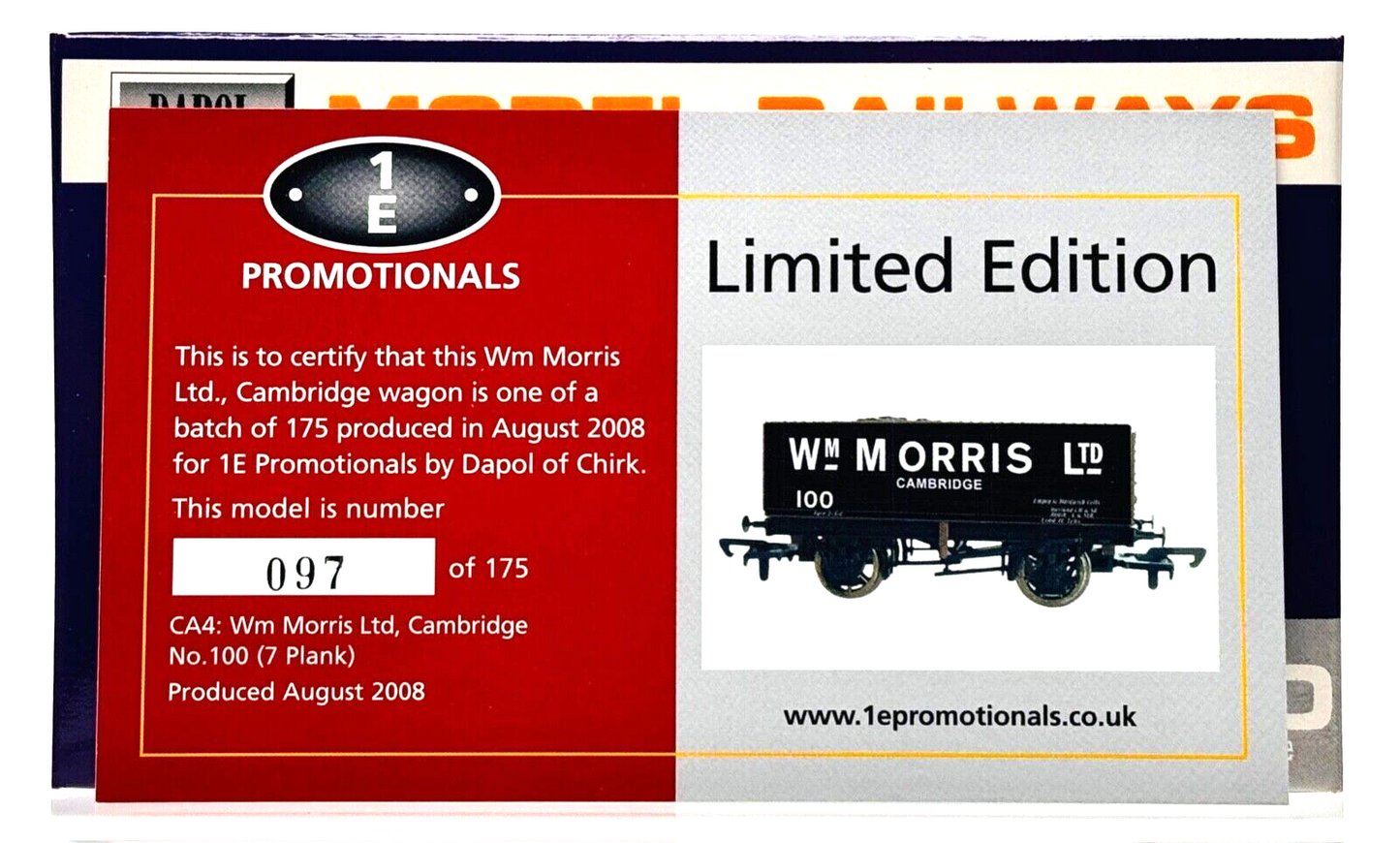 DAPOL 00 GAUGE - W.M MORRIS LTD CAMBRIDGE PLANK WAGON NO.100 (LIMITED EDITION)