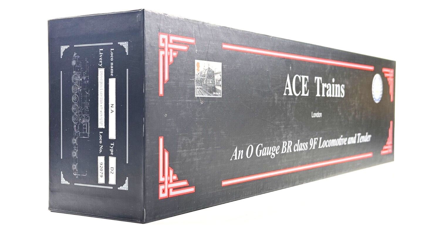 ACE TRAINS O GAUGE BR BLACK CLASS 9F LOCOMOTIVE 92079 GLOSS FINISH WITH LIGHT